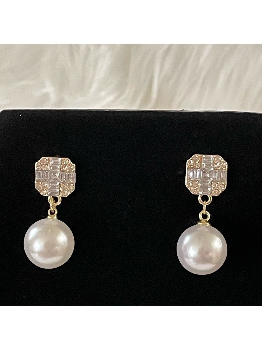 Earrings Faux Pearl Gold Tone Crystal Drop Dangle Statement New